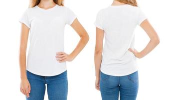 Vista frontal trasera camiseta de mujer aislada en blanco, camiseta de mujer, camiseta de niña