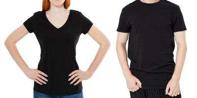 Black t-shirt set mock up, man and woman black tshirt collage isolated on white background. photo