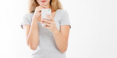 girl holding cell phone, woman with smartphone. Advertising concept. Copy space. Mock up. Blank. photo