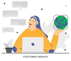 Flat vector illustration customer service with a headset on computer concept