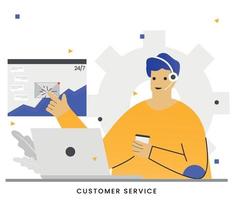 Flat vector illustration customer service with a headset on computer concept