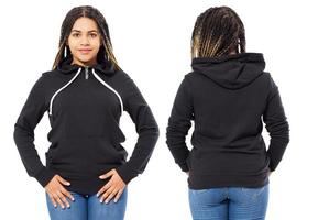 Front back and rear black sweatshirt view. Beautiful black woman in template clothes for print and copy space isolated on white background. Mock up photo