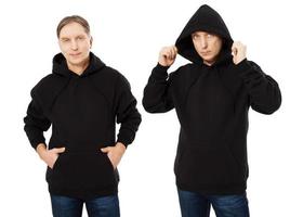 Man in black hoodie hoody set front view, hoody mockup isolated on white background. Man puts on a hood photo