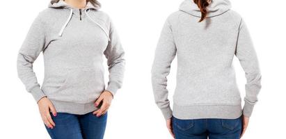 hood set girl woman posing in empty hoodie mock up isolated over white background photo