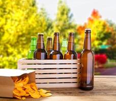 Botellas de cerveza y papas fritas en la mesa de madera con forrest borrosa en el fondo, botella de color, concepto de comida y bebida, enfoque selectivo, espacio de copia foto