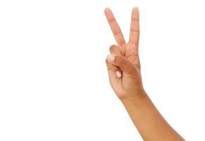 afro american hand showing the sign of victory or peace closeup isolated on white background photo