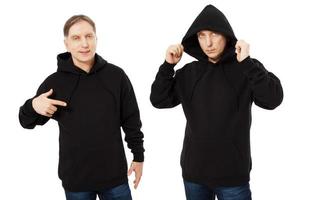 Man in black hoodie hoody set front view, hoody mockup isolated on white background. Man puts on a hood photo