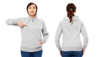 Pointed stylish middle-aged woman in hoodie front and back view, white woman in sweatshirt mockup isolated on white background. photo