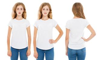 three variants woman in t-shirt isolated on white, women tshirt, girl white t shirt,copy space,blank,front back views