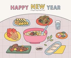 mesa con comida coreana de año nuevo. vector