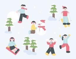 On a snowy day, people are making snowmen, riding sleds, and skiing. vector