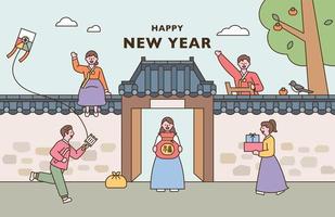 la gente en hanbok saluda el año nuevo frente a una casa tradicional coreana. Ilustración de vector de estilo de diseño plano.