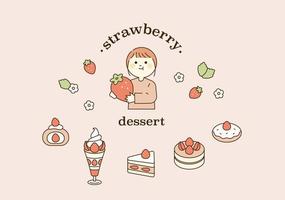 Cute character holding strawberry and strawberry dessert. outline simple vector illustration.