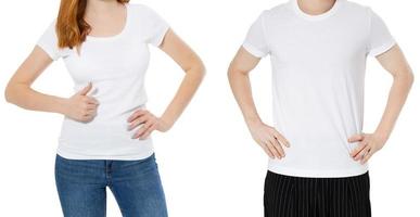 young people couple bodies in the same clothes on a white background photo