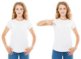 t-shirt collage woman front view, pointed on empty tshirt isolated on white photo