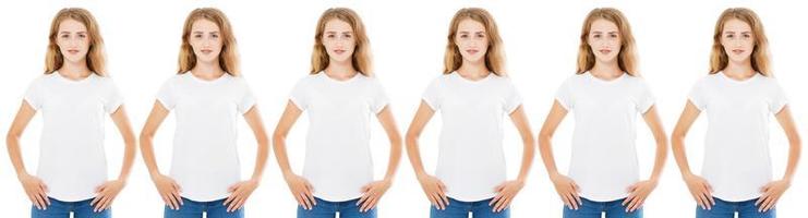 muchas mujeres en camiseta aislado en blanco, chicas en camiseta foto