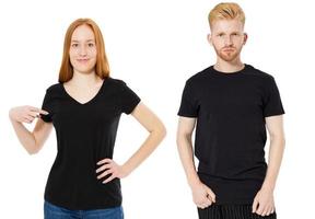 Black t-shirt set mock up, man and woman black tshirt collage isolated on white background. photo