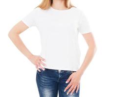 White T - shirt Mock Up Isolated over white, woman in tshirt, girl in white t shirt photo