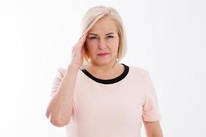 Woman head pain migraine, head ache, isolated on white background photo