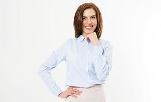 Confident young manager on white background - Isolated portrait of smiling business woman. photo