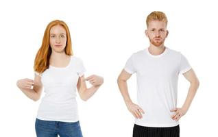 Chica pelirroja y chico en camiseta blanca con espacio de copia aislado, camiseta blanca collage masculino y femenino foto