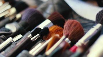 close-up van professionele make-upborstels voor cosmetica in beweging video