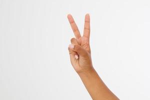 black Hand showing the sign of victory or peace closeup isolated on white background.Front view. Mock up. Copy space. Template. Blank. photo