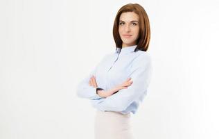 Confident young manager on white background - Business woman portrait . Crossed arms . photo