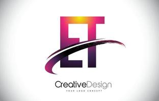 ET E T Purple Letter Logo with Swoosh Design. Creative Magenta Modern Letters Vector Logo.