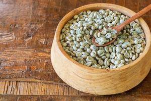 unroasted green coffee beans in a wooden bowl