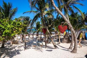 Empty swing and heart shape object hanging on tree at beach resort photo