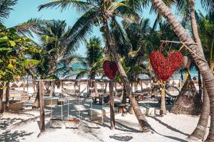 Empty swing with heart shape object hanging on tree at beach resort photo