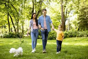 familia feliz con lindo perro bichon en el parque