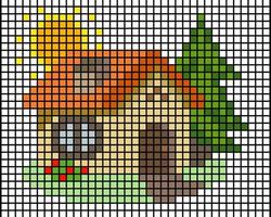 Home for cross stitch patterns. Pixel house image. Mosaic house sweet home vector illustration