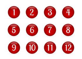 Set of glossy round buttons with numbers from 1 to 12. Red glass buttons isolated on white. Numbered badges vector icons. 3d keys for websites and mobile applications. Easy to edit template.