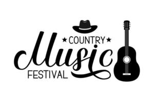 Country Music festival lettering with hat and guitar isolated on white. Acoustic guitar musical show typography poster. Easy to edit vector template for banner, sign, flyer, invitation.