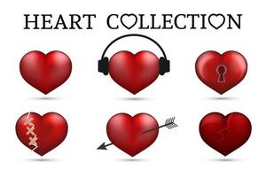 Red heart collections. Set of six realistic hearts isolated on white background. 3d icons. Valentine s day vector illustration. Love story symbol. Easy to edit design template.