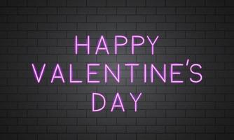 Happy Valentine s Day 3d neon banner on brick wall. Retro sign with Hot pink glowing text on it. Easy to edit vector template for Valentines day greeting card, party invitation, flyer, poster etc.