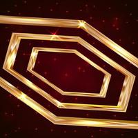 Bright golden hexagon on a dark red background with sparkling stars and particles. Luxury vector illustration. Easy to edit design template for your business projects.