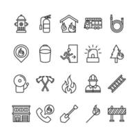 Conjunto de iconos de contorno de bombero y departamento de bomberos vector