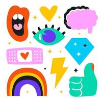 Modern trendy illustrations. Eye, mouth, brain, flash, like, diamond, rainbow. Bright colors. Social issues. Personal support. Mental health.