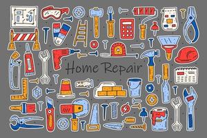 Home repair tools, instruments cartoon cute hand drawn doodle vector clipart, set, illustration, elements, stickers, icons. Funny colorful design. Isolated on background.