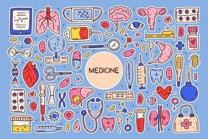 Medicine equipment, organs cartoon doodle hand drawn vector illustration, clip art, set of elements, icons. Cute colorful design. Isolated on background. Stickers sheet.