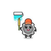 the gear painter mascot with a paint roller vector