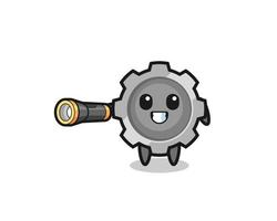 gear mascot holding flashlight vector