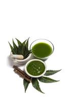 Medicinal Neem leaves in mortar and pestle with neem paste, juice and twigs on white background photo