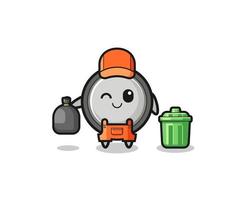 the mascot of cute button cell as garbage collector vector