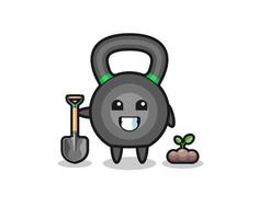 cute kettlebell cartoon is planting a tree seed vector