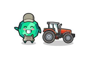 the emerald gemstone farmer mascot standing beside a tractor
