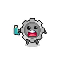 gear mascot having asthma while holding the inhaler vector